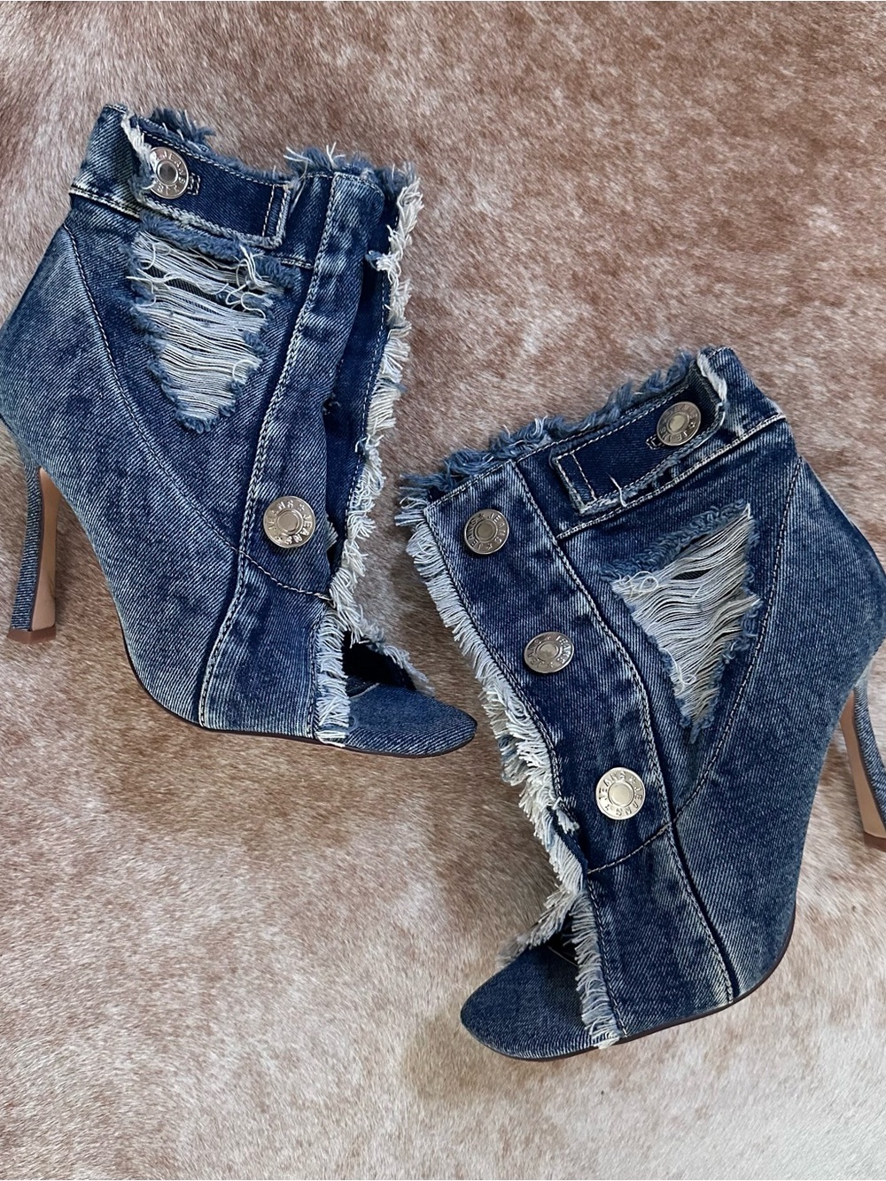 Frayed Denim Peep-Toe Stiletto Ankle Boot - Blue - Picture 4 of 8